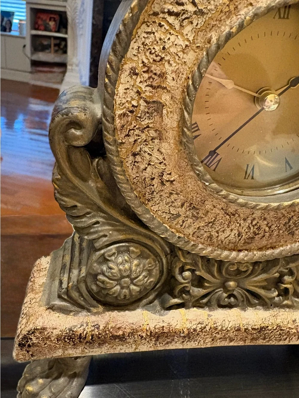 Vintage baroque style mantel clock, aged gold or brass finished Resin frame.